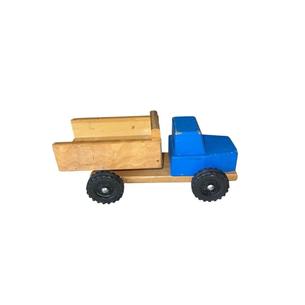 Vintage Wooden Dump Truck Blue Cab 10